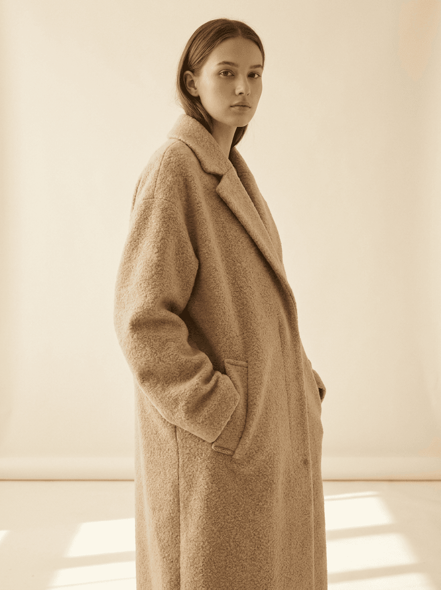 Studio-grade editorial photo of a beige wool coat